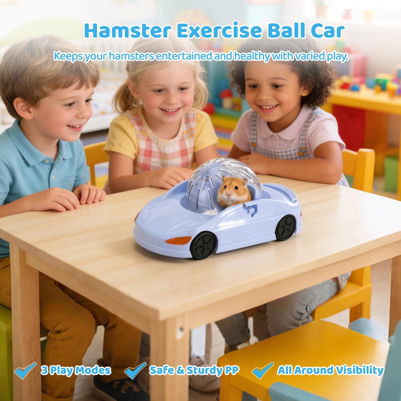 Generisch Hamster-Laufrad, Hamster-Auto-Laufrad, Beschäftigungsspielzeug mit transparenter Kugel, 3 Modi, Kleiner Ballwagen für Zwerghamster, Wüstenrennmaus und mehr, blau, leicht zu reinigen