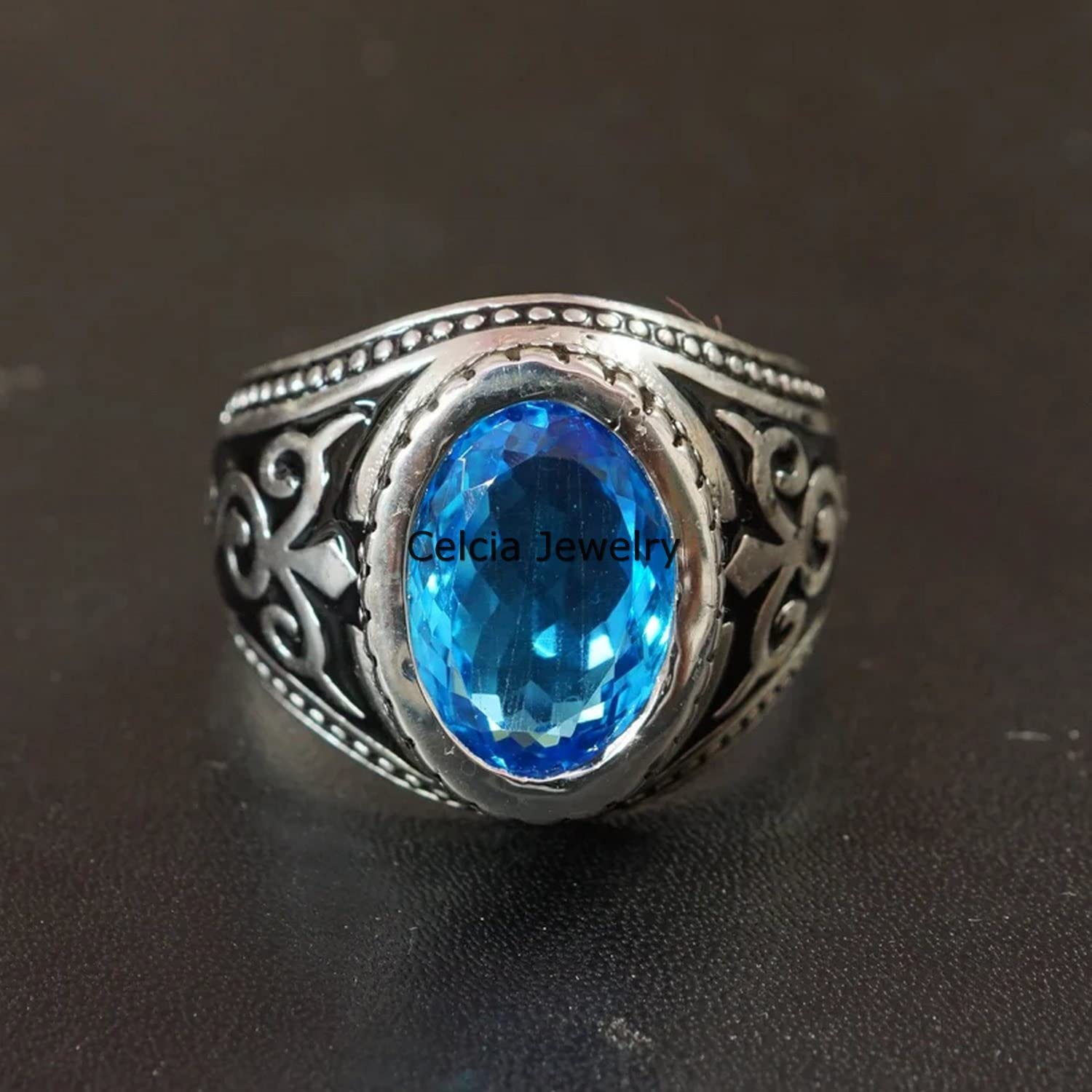 Anillo de sello de plata esterlina 925 sólida para hombres, piedra preciosa ovalada de topacio azul genuino, regalo único hecho a mano de piedra natal de noviembre para él