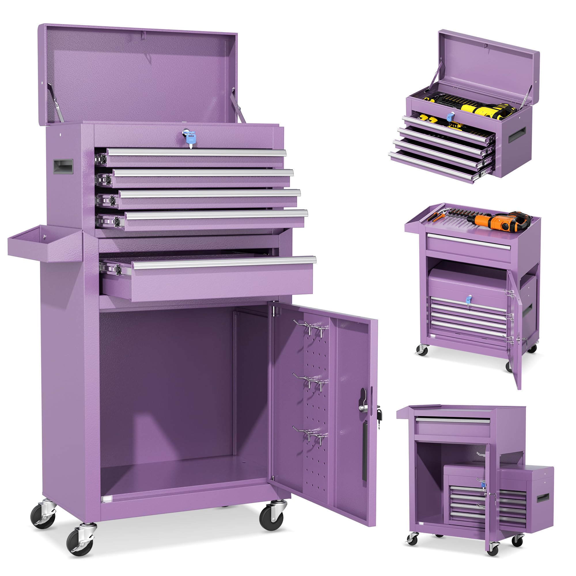 INTERGREAT 5 Drawer Tool Chest with Wheels, Rolling Tool Chest with Enhanced Packaging, Tool Storage Organizer Cabinets with Lock&Key for Garage, Workshop (Purple)