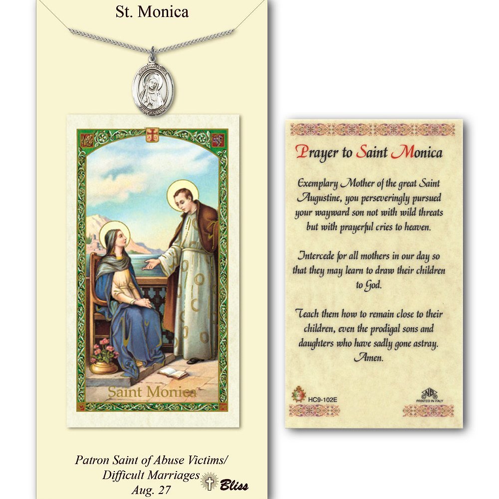 Pewter St. Monica Medal on an 18 inch Lite Curb Chain with a Prayer to St Monica Prayer Card.