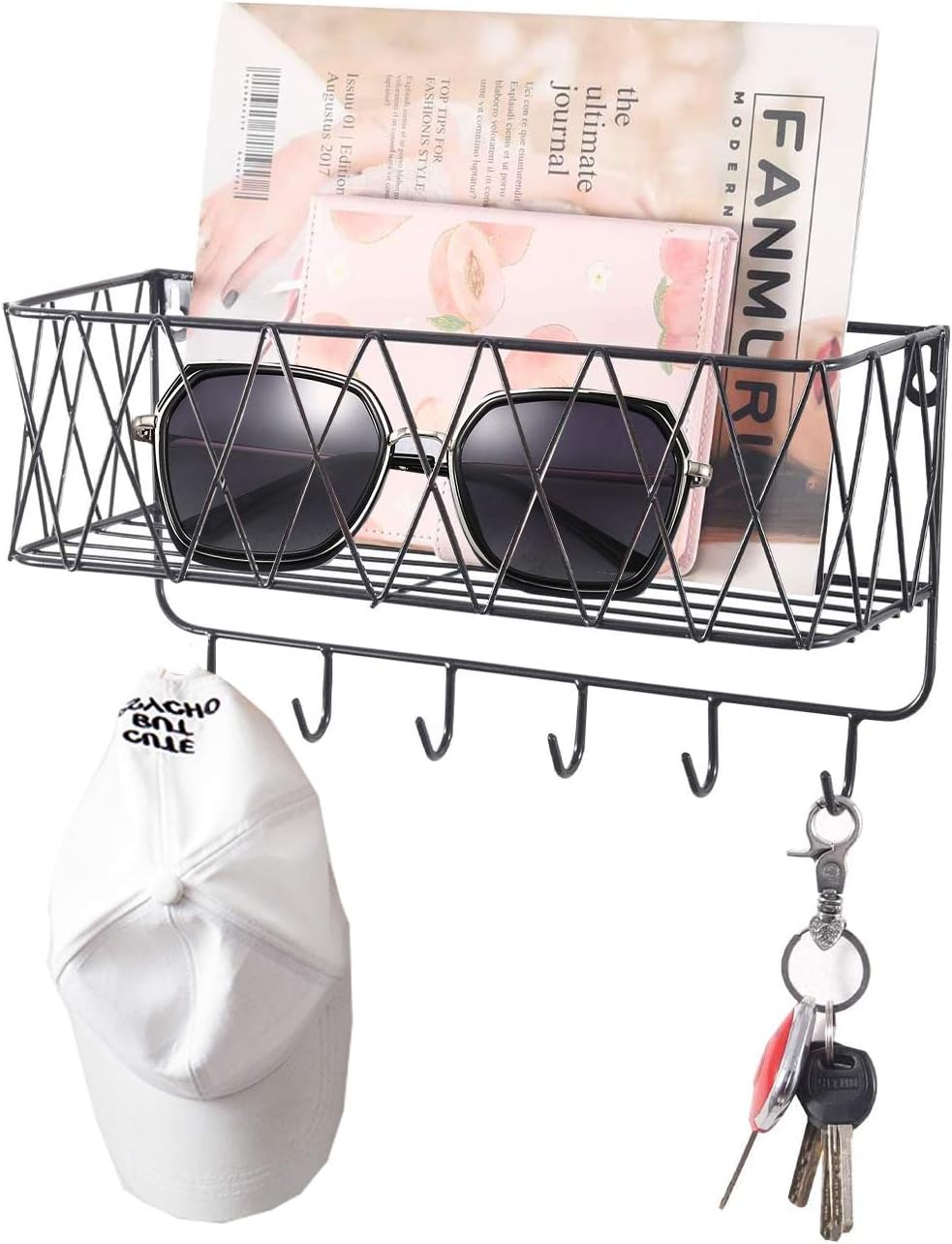 YCOCO Entryway Mail Holder with Key Hooks,Wall Mounted Black Metal Wire Mesh Storage Basket with 6 Key Hooks,Easy to Organize Letters,Magazines, Keys, Perfect forOffice, Black