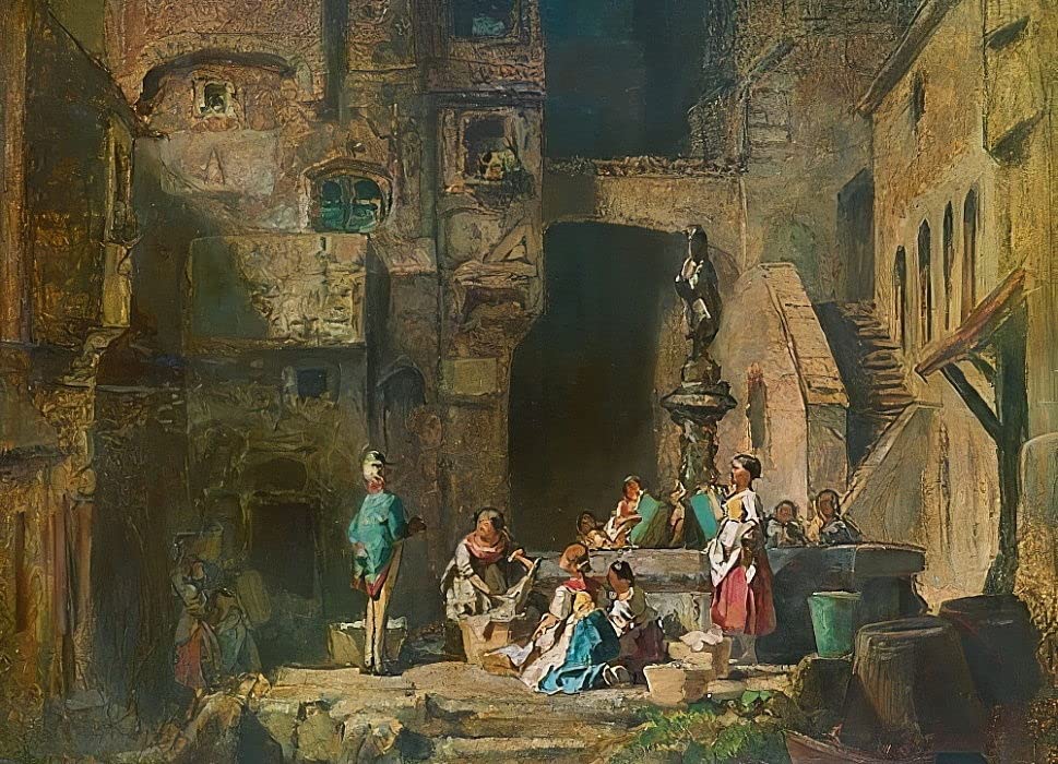 Tableau Carl Spitzweg Blanchisseurs à la fontaine poster 50x70