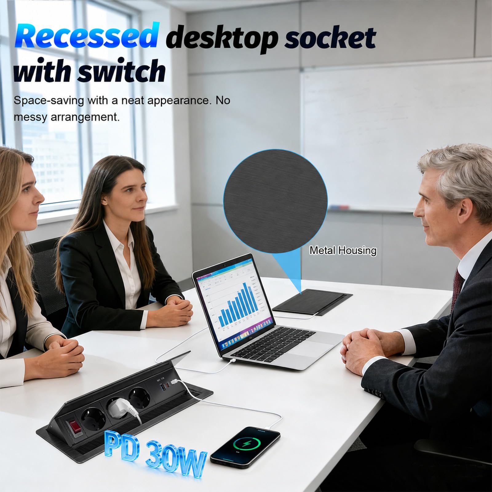 Ciabatta elettrica da incasso, a scomparsa, 2 x USB-C PD 30 W + 1 x USB-A, presa da incasso in alluminio con interruttore, per piano di lavoro, cucina, ufficio e sala conferenze, cavo da