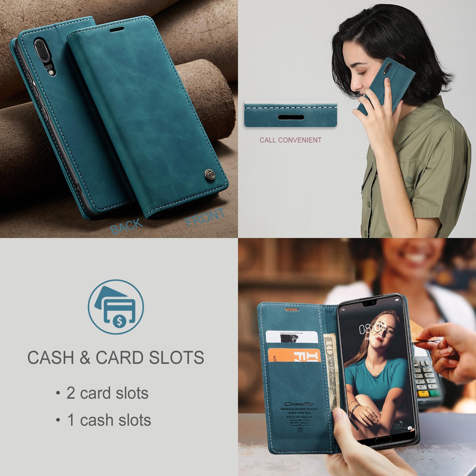 for Huawei P20 Case, Wallet Case Flip Leather with Card Holder Magnetic Closure Shockproof Kickstand Protective Phone Cases Cover for Huawei P20,Blue-Green — view 6