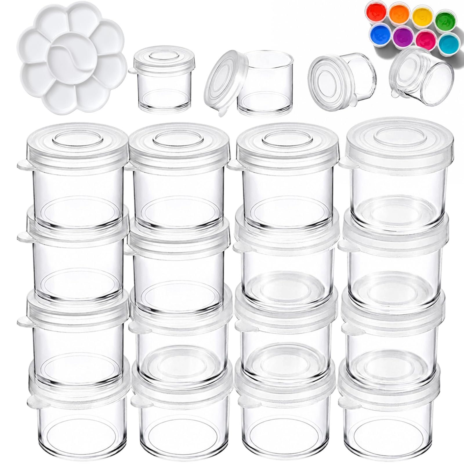 21PCS Small Pots with Lids, Paint Pots, Paint Pot with Lids for Art Craft Storage Hobby, Painting DIY Project Supplies Set of 20 10ml Clear Round Useful Small Storage Containers and a color palette
