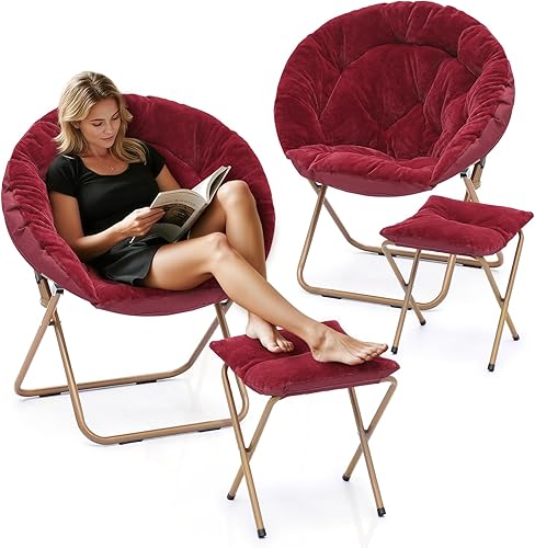 Miniatura 13 de Athena Collection Moderno platillo de terciopelo de piel sintética marrón, plegable, redonda, acogedora, con otomana, capacidad de peso de 300