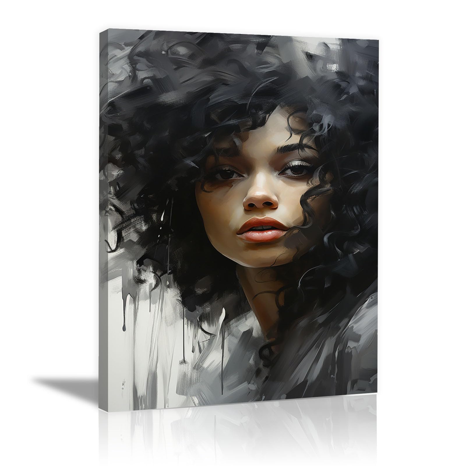 TERUEA Abstract Girl Painting Prints Woman Canvas Pictures Curly Hair Woman Portrait Retro Painting Bathroom Wall Decor,(Black)-70x100cm Framed