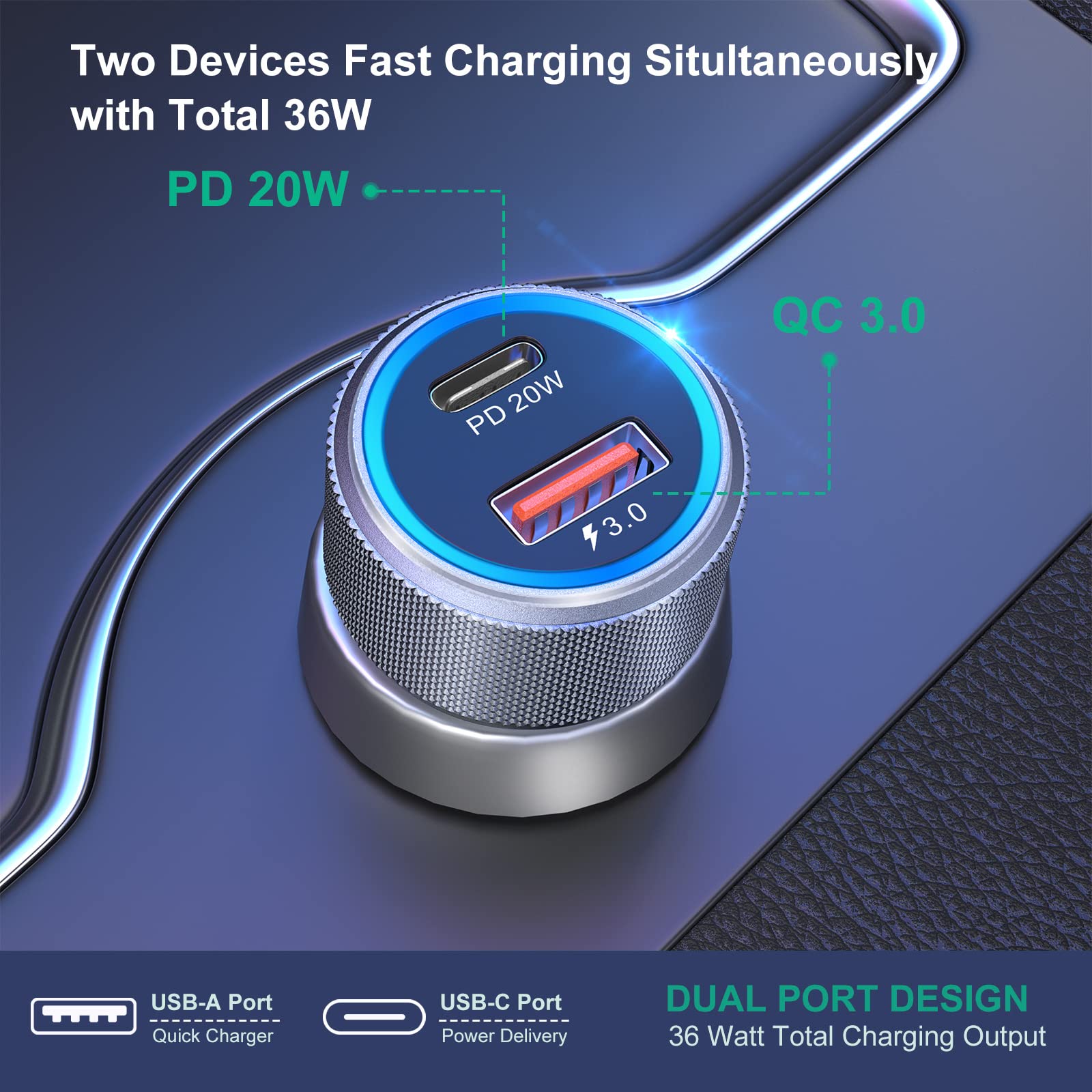 Super szybka ładowarka samochodowa typu C, Bangfun 25 W, blok ładowarki USB C, podwójny port, ładowarka samochodowa, adapter do zapalniczki samochodowej Samsung Galaxy S24/S23 Ultra/S22/S21/S20 FE z 2