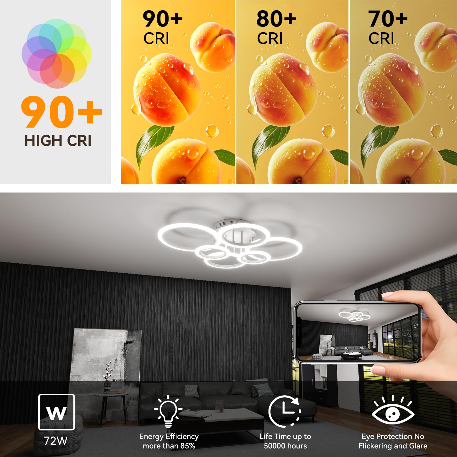 72W Wohnzimmerlampe mit Fernbedienung&App,Helligkeit Einstellbar,Φ80cm,6 Ring,Modern Deckenleuchte Wohnzimmer,2800k-7000k,6400lm,Led Deckenlampe fur Wohnzimmer Schlafzimmer Küche Flur,Superhell