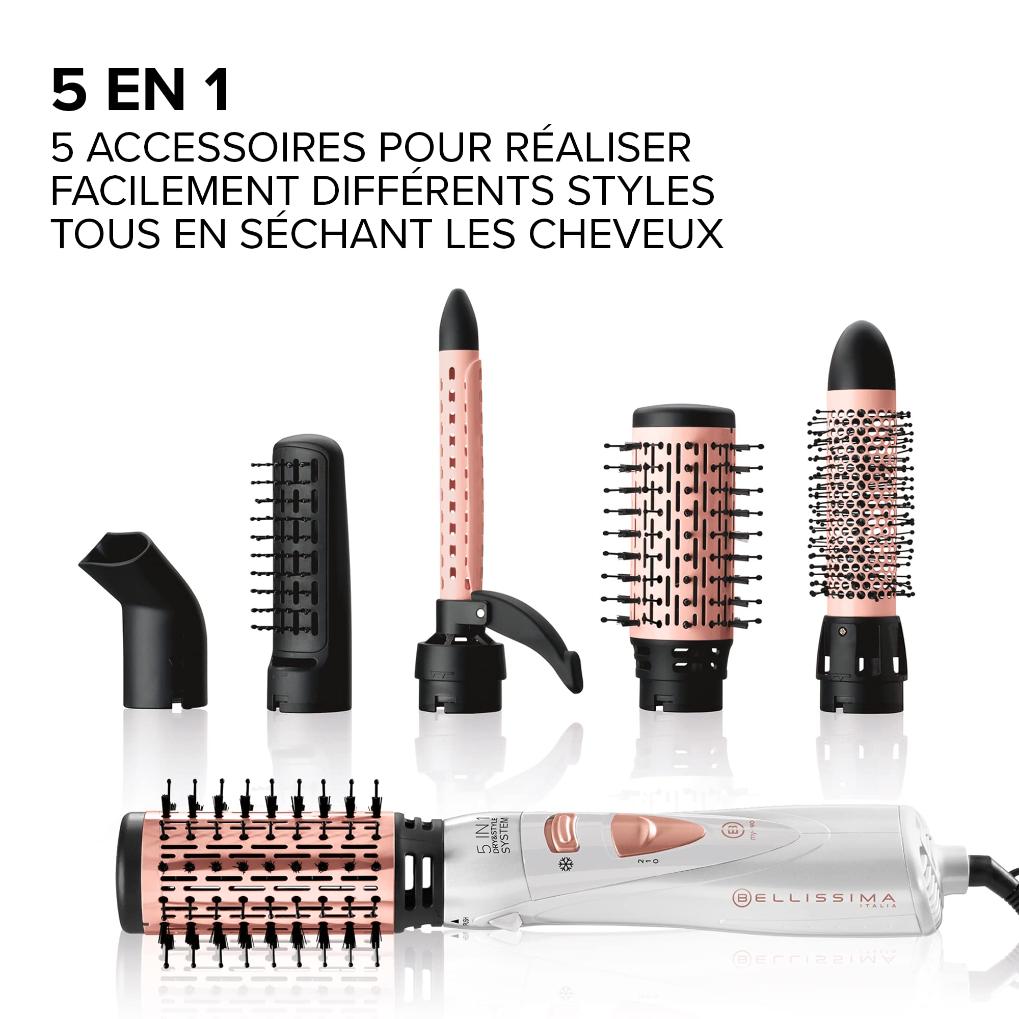 Bellissima Brosse Soufflante My Pro GH18 1100 - Brushing Professionnel avec Embouts en Céramique, Système Dry & Style 5 en 1-2 Combinaisons de Débit d'Air/Température, Position Air Froid Cool Fix