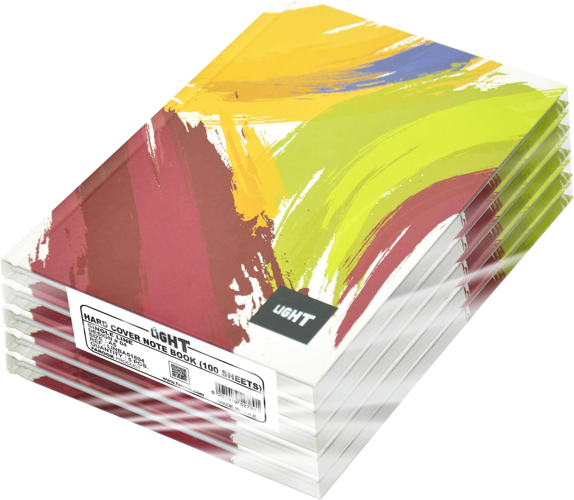 FIS Light Hard Cover Notebook, Pack of 5 Pieces, Single Line, A5 Size, 100 Sheets - LINBA51804