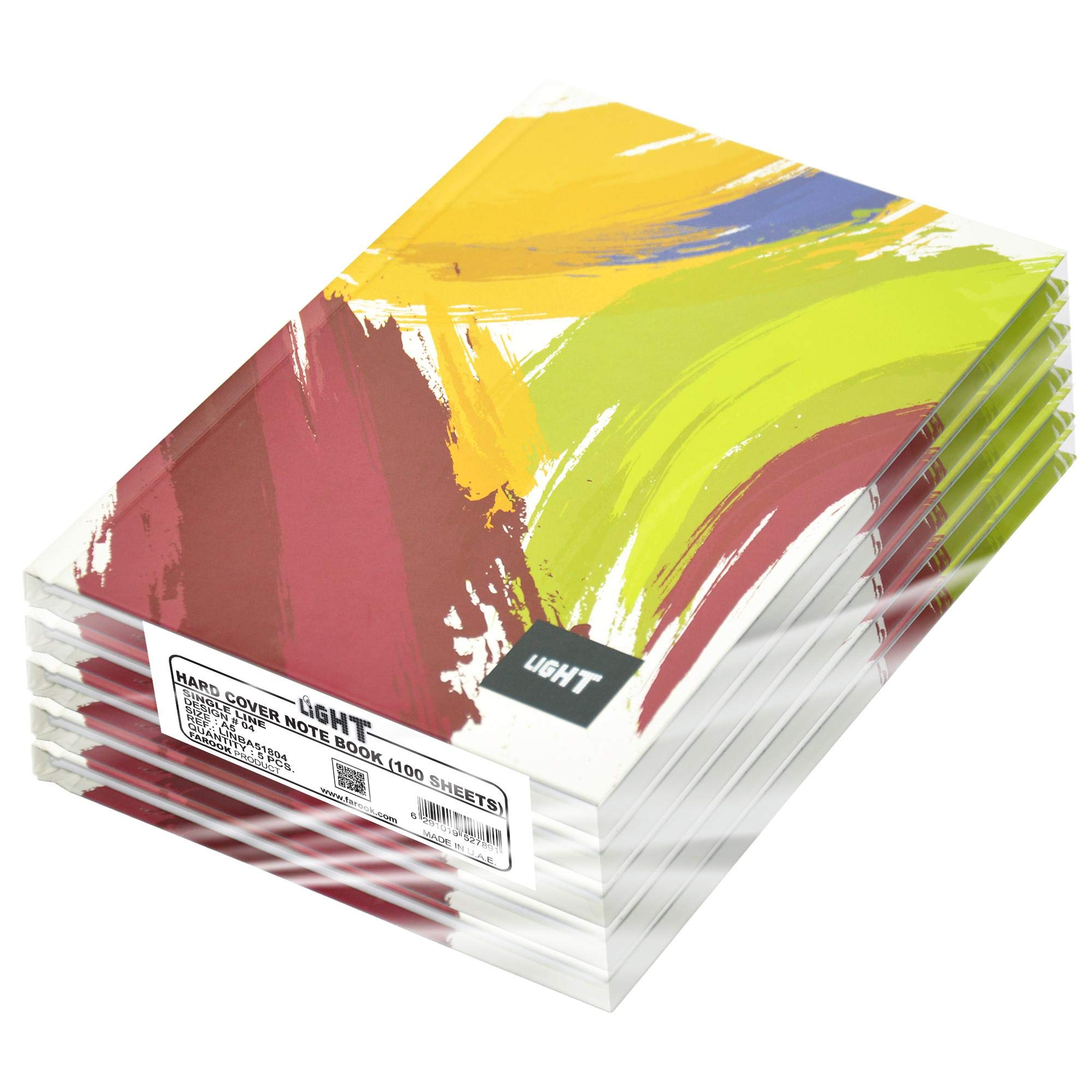 FIS Light Hard Cover Notebook, Pack of 5 Pieces, Single Line, A5 Size, 100 Sheets - LINBA51804