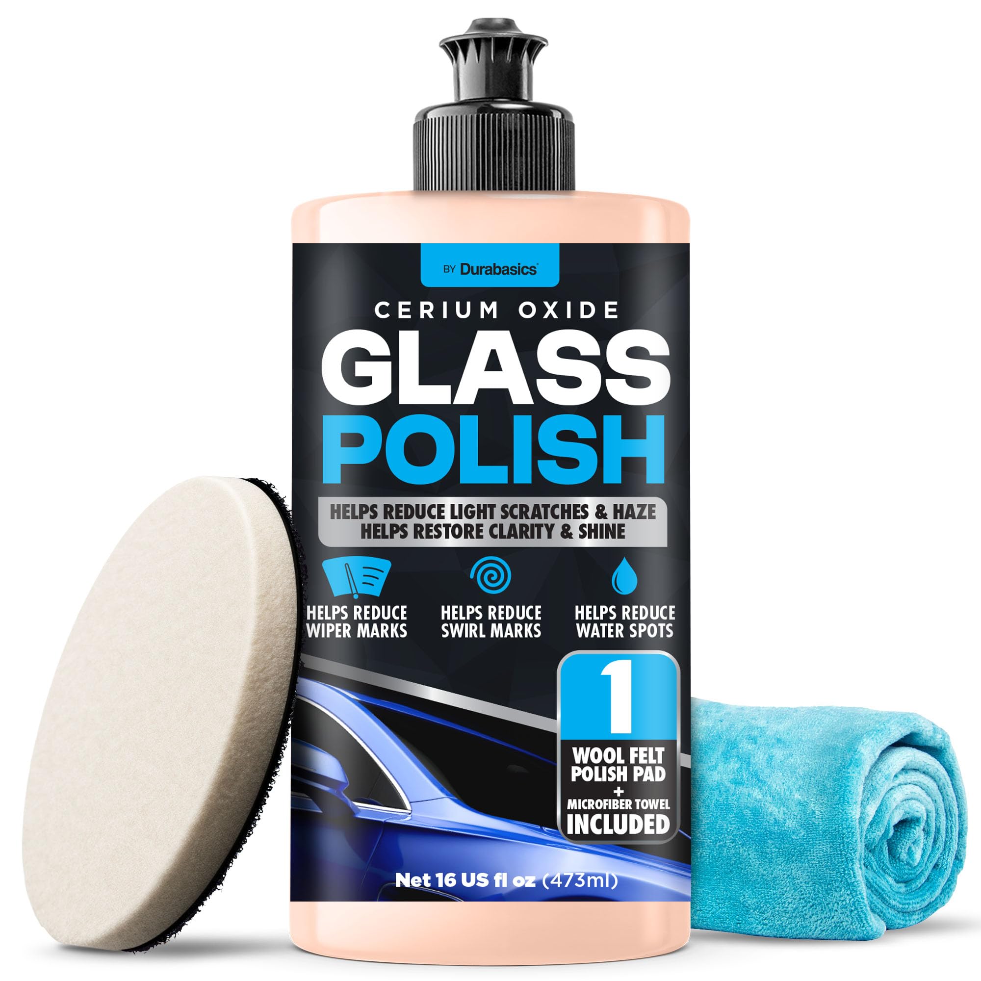 Durabasics Cerium Oxide Glass Polish – Glass Scratch Remover for Light Scratches, Haze & Wiper Marks on Windshields – Glass Polishing Compound with 3” Wool Felt Pad Kit – 16oz