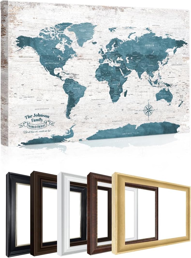 IPIC - Personalized Framed World Map for Wall Art, Push Pin Travel Map Decor to Track Travels, Custom Artwork with Names, Pinnable Wall Decor for Home, Office, Study or RV, Ready to Hang