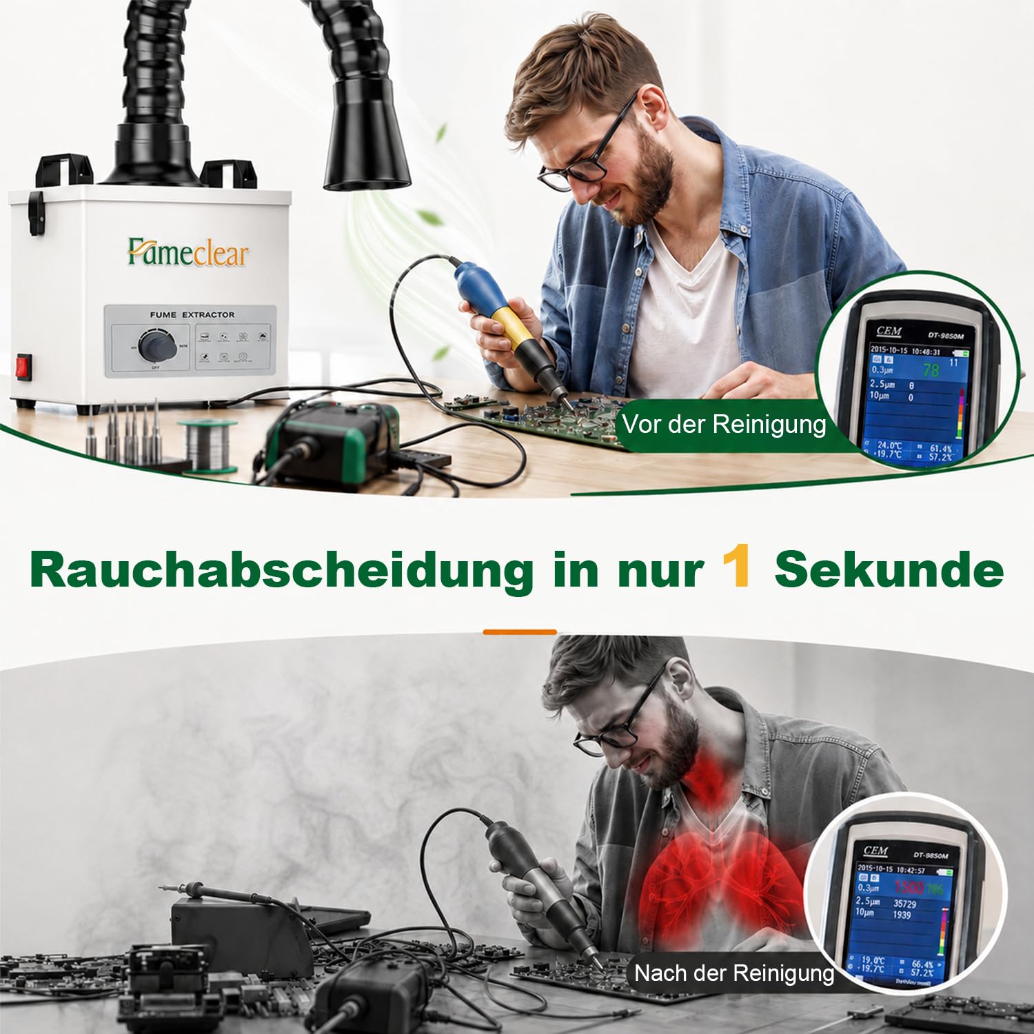 FumeClear FC-100A Lötrauchabsaugung Leistungsstarke 200 to 260m³/h Absaugung, Lötrauchabsorber, geräuscharmes, 3-stufiges Filtersystem mit 12 Filtern für Laserschweißen, Rauchabsaugung