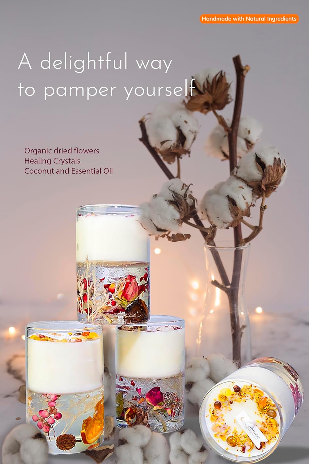 Crystal Candle Gift Set, Organic Natural Flowers in Yelly, Aromatherapy, Healing Gemstones, Botanical Scented Fragrance, Manifestation, Intention, Gel Candle, Christmas, Mother’s Day, Gift for Woman - Image 4