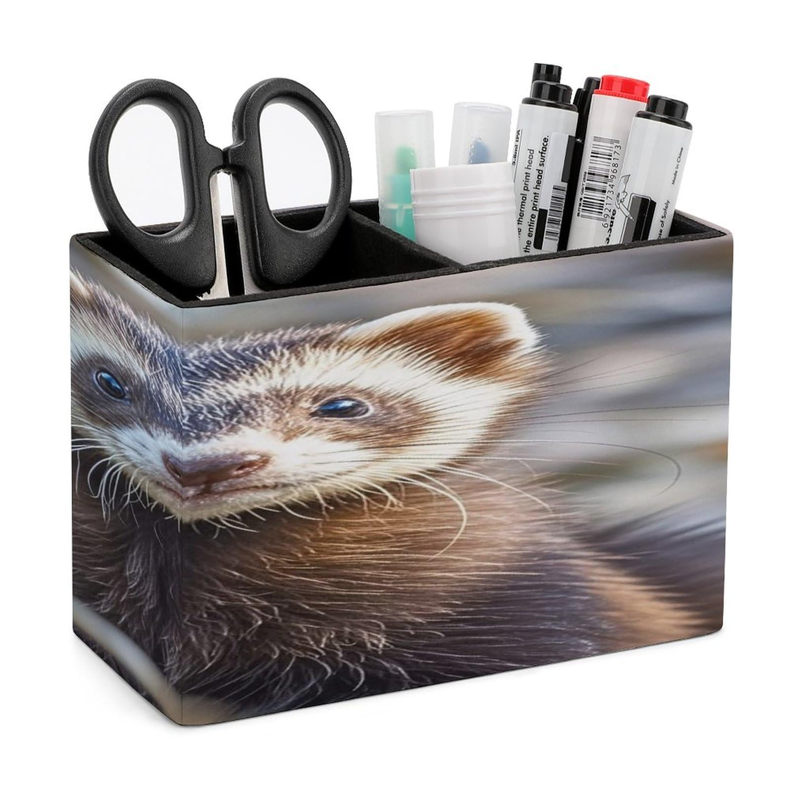 FekiLoot Hairy Ferret Pen Holders for Desk Small Remote Control Holder Leather Pencil Cup with Double Compartments Desktop Organizer for Table Desk Office Space Saving