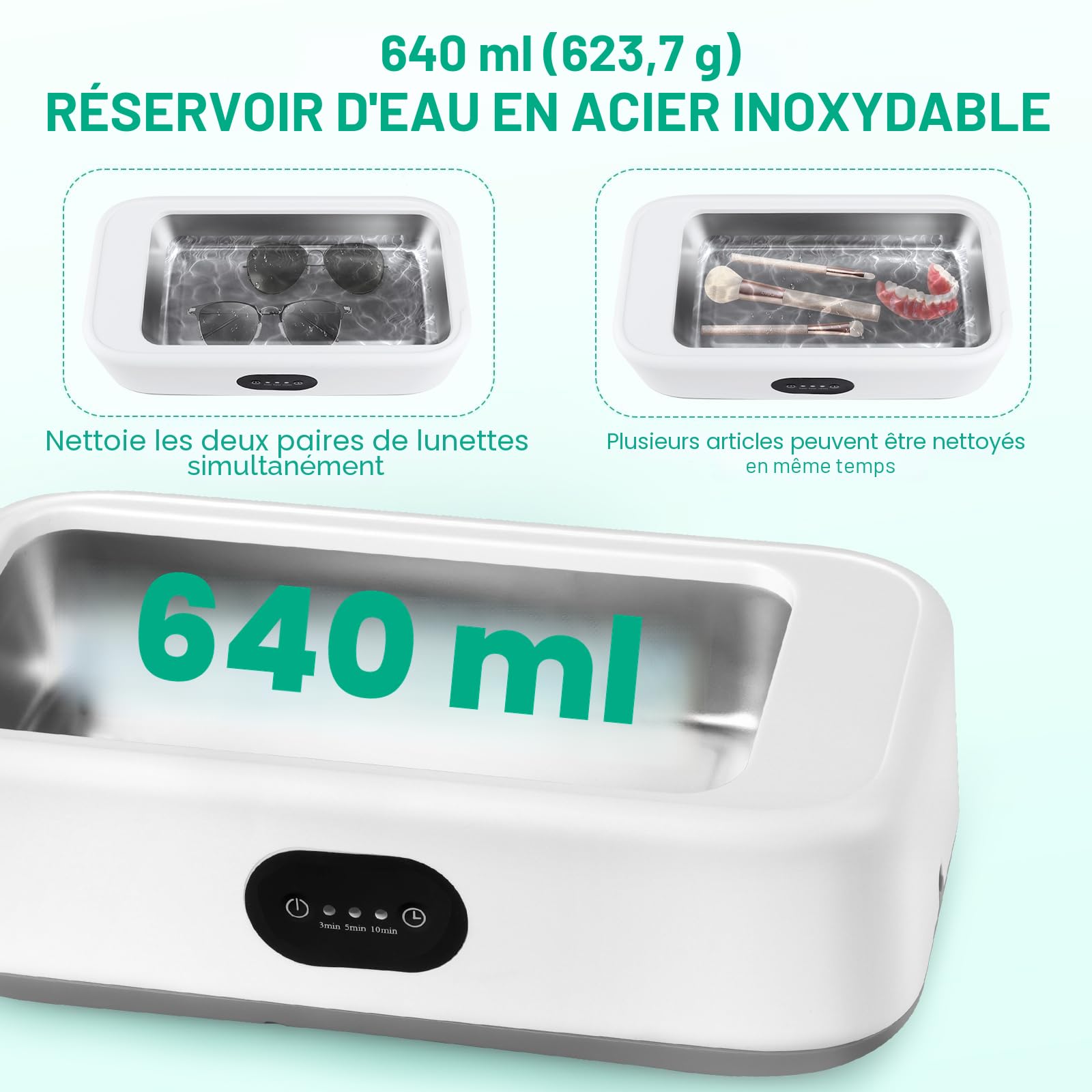 MXTIMWAN Nettoyeur Ultrasons 640ML, 49KHz Ultrasonic Low Noise Cleaner, avec 3 Minuteries Numériques, pour Bijoux, Dentier, Montres, Lunettes, Tête de Rasoir