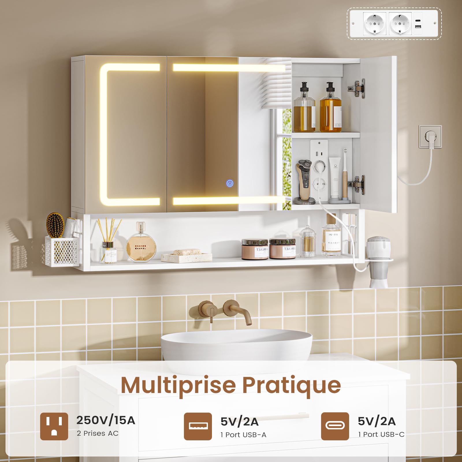 Armario Espejo Baño 80x16x60, Espejo de Baño con Luz Led y Estación de Carga, Mueble Baño con Cesta de Almacenamiento y Estante Interior Ajustable, Tres Temperaturas de Color, Control táctil