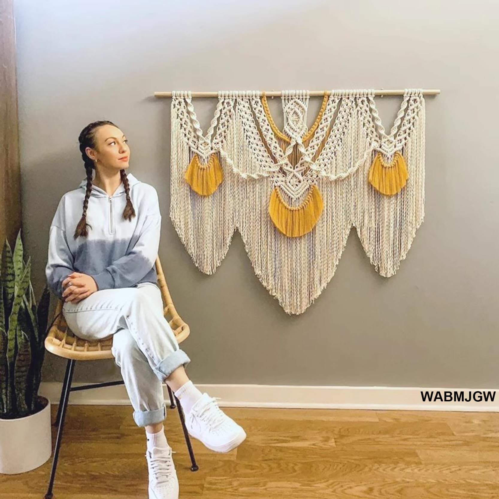 Makrama ścienna duża beżowa/pomarańczowa, makrama gobelinowa dekoracja ścienna boho, ręcznie robiona bawełniana lina frędzle wiązanie dekoracja ścienna do sypialni,Beige-110 x 100 cm