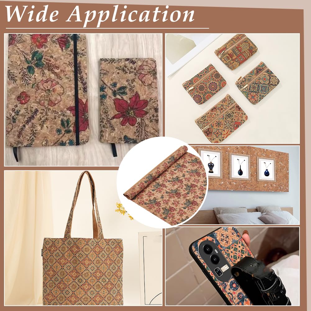 PH PandaHall 135x50cm Tessuto di Sughero con Motivo Floreale, Fogli di Sughero Morbido Stile Retrò Nastro di Sughero Sottile per Borsa Cucito Progetti Fai Da Te Materiale di Imballaggio