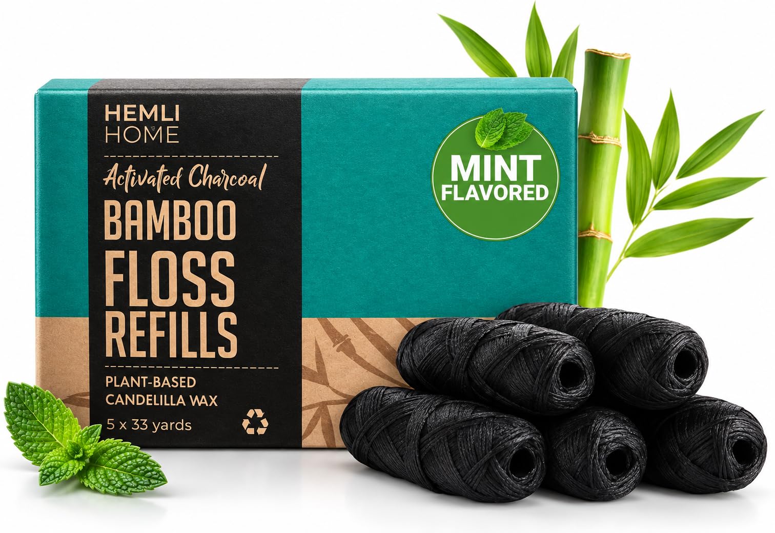 Bamboo Charcoal Dental Floss Refills, Bambo Woven Fibres, 5 x 33 Yards