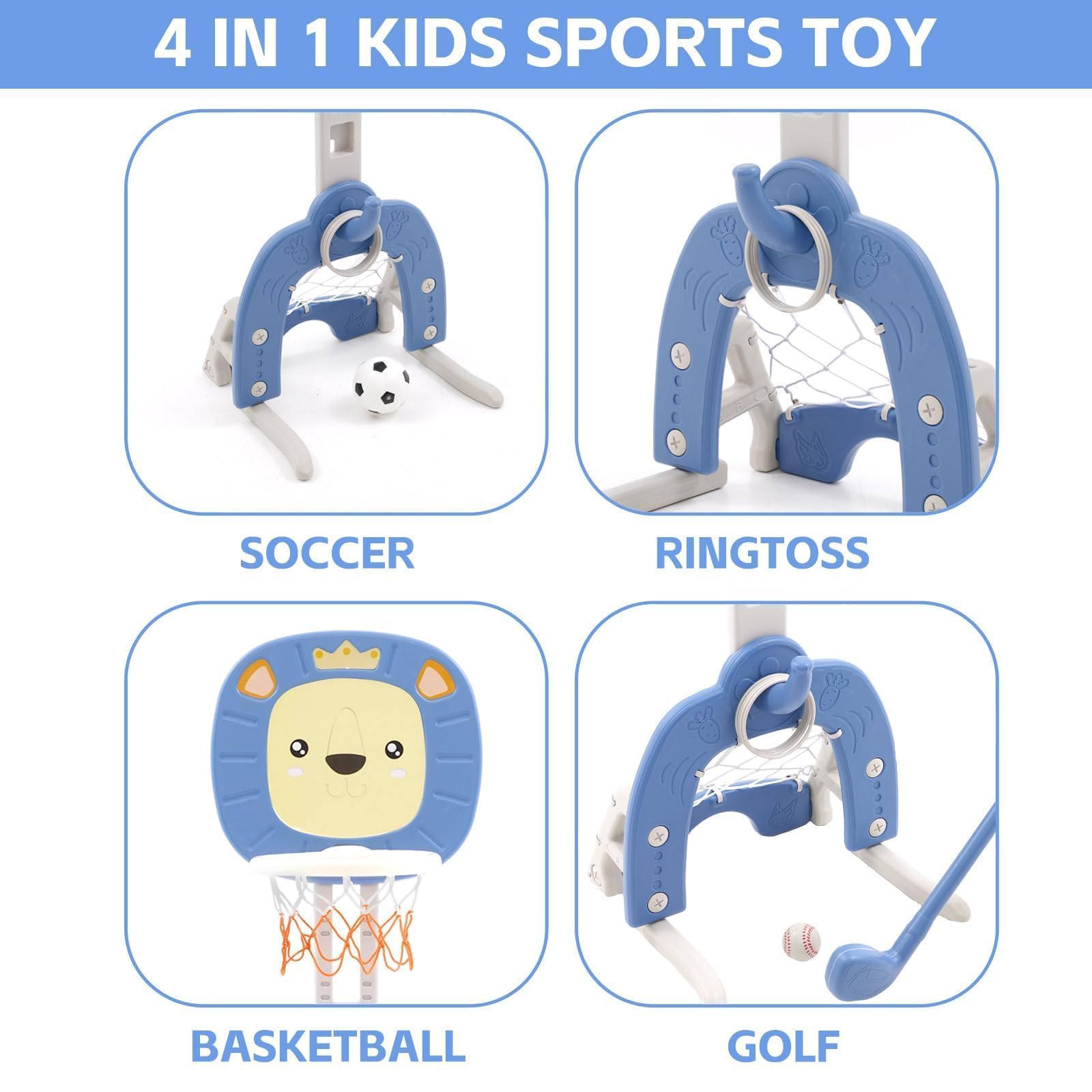Panier de Basket Enfant 4 en 1 Intérieur avec Jeu de Basketball, Lancer d'Anneaux,Panier de Basket Flottant,Football et Golf - Réglable en Hauteur 120-150cm - pour Enfants 3 à 7 Ans (Bleu)