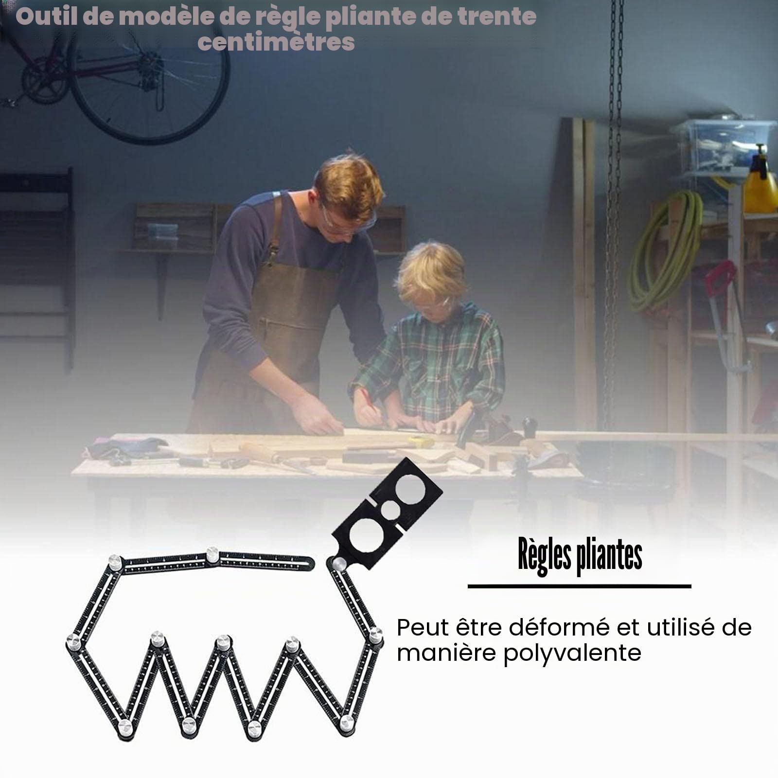 Outil de Template - Gabarit d'angle - Règle de mesure multi-angle - En alliage d'aluminium - 12 côtés - Outil de tuiles avec trou - Noir