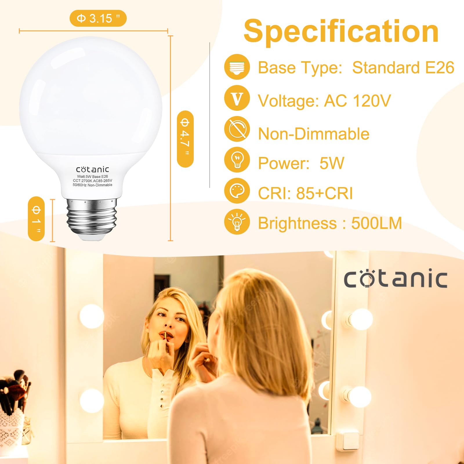 Kosiy G25 LED Vanity Light Bulb 2700K Warm White,Cotanic Globe Light Bulbs for Bathroom Vanity Mirror 500LM,E26 Screw Base 5W 60W Incandescent Equivalent,Non-dimmable,Pack of 4