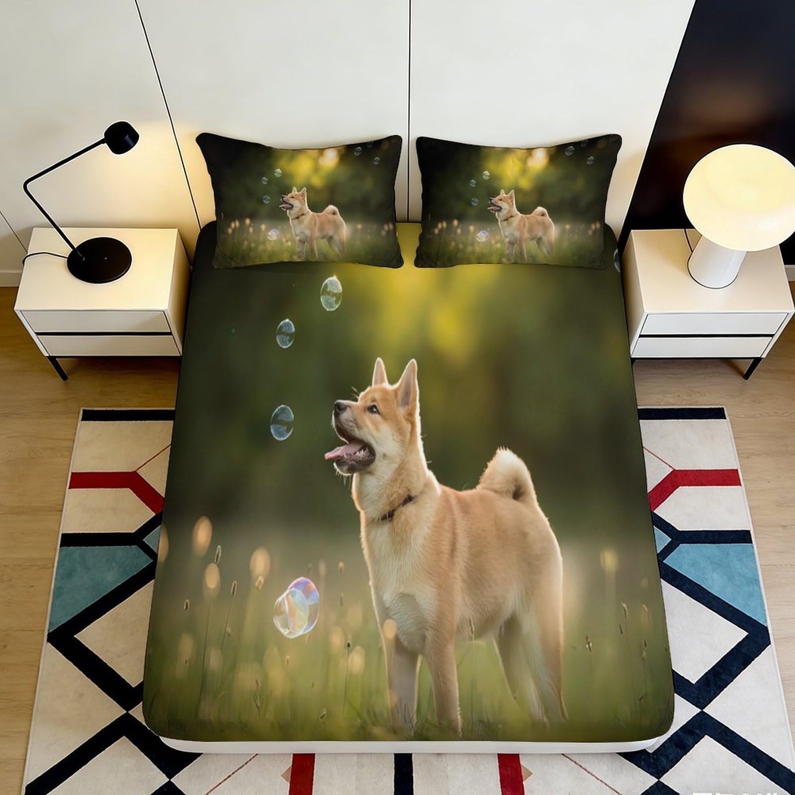 3D Printed Shiba Inu Dog Fitted Sheet Microfiber Soft Breathable Meadow Bubble Bed Cover for Bedroom Guest Room Decor 90x200x25cm