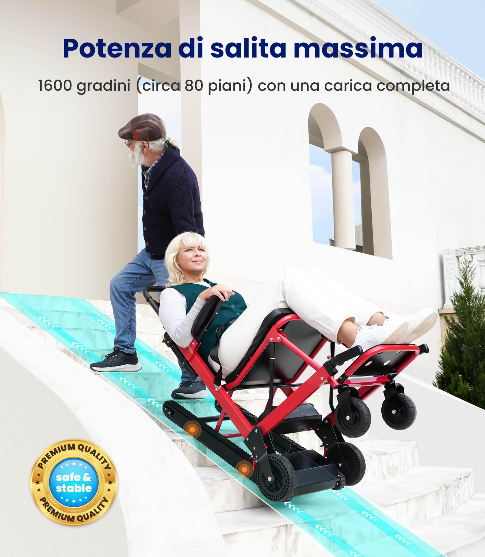 VOCIC AY04 - Scaletta elettrica pieghevole con catena in gomma, per sedie a rotelle fino a 220 kg, sollevamento scale mediche con luce LED per disabili (rosso)