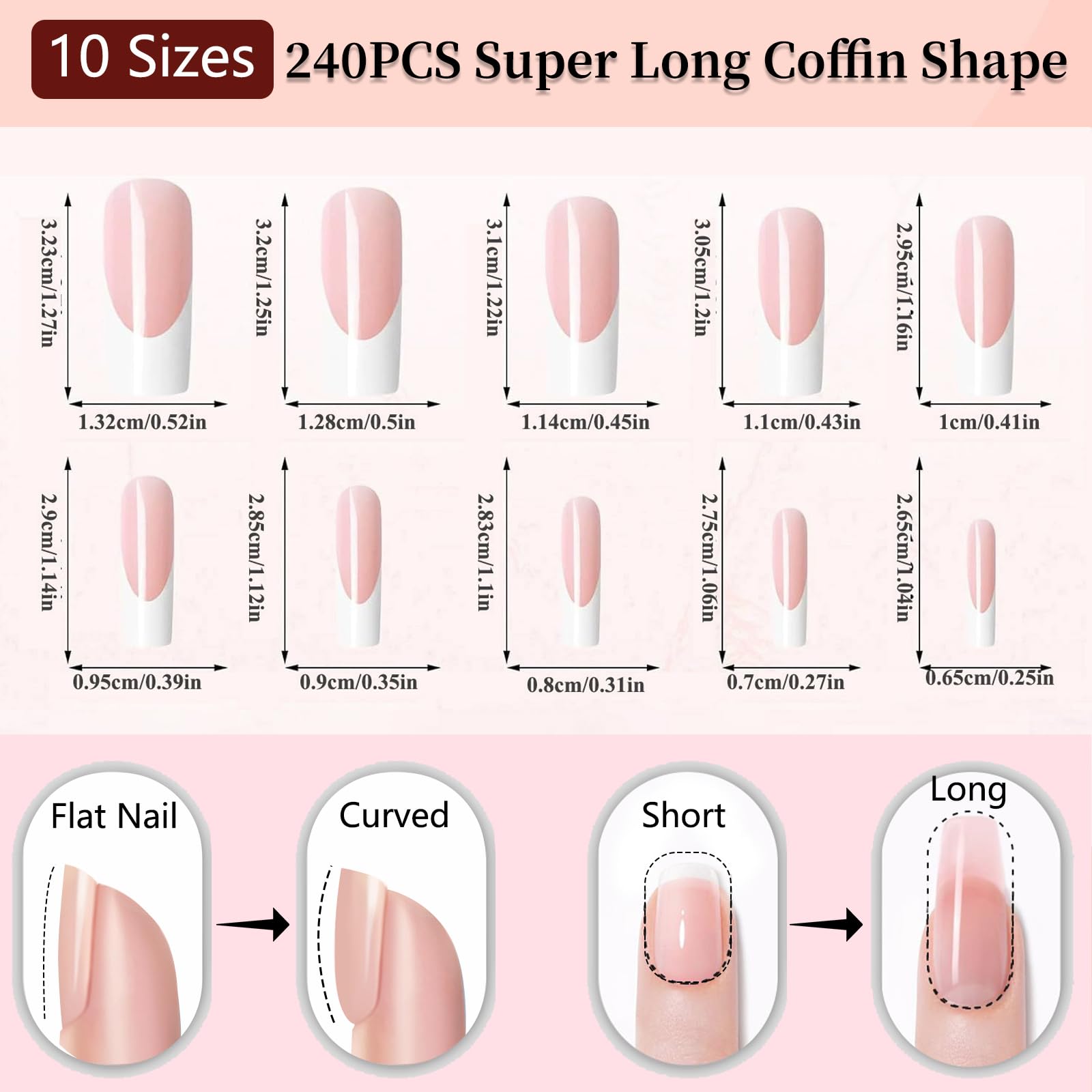 Kit da 240 unghie finte finte rosa nude con punta francese, unghie finte a bara super lunghe, unghie finte resistenti con colla
