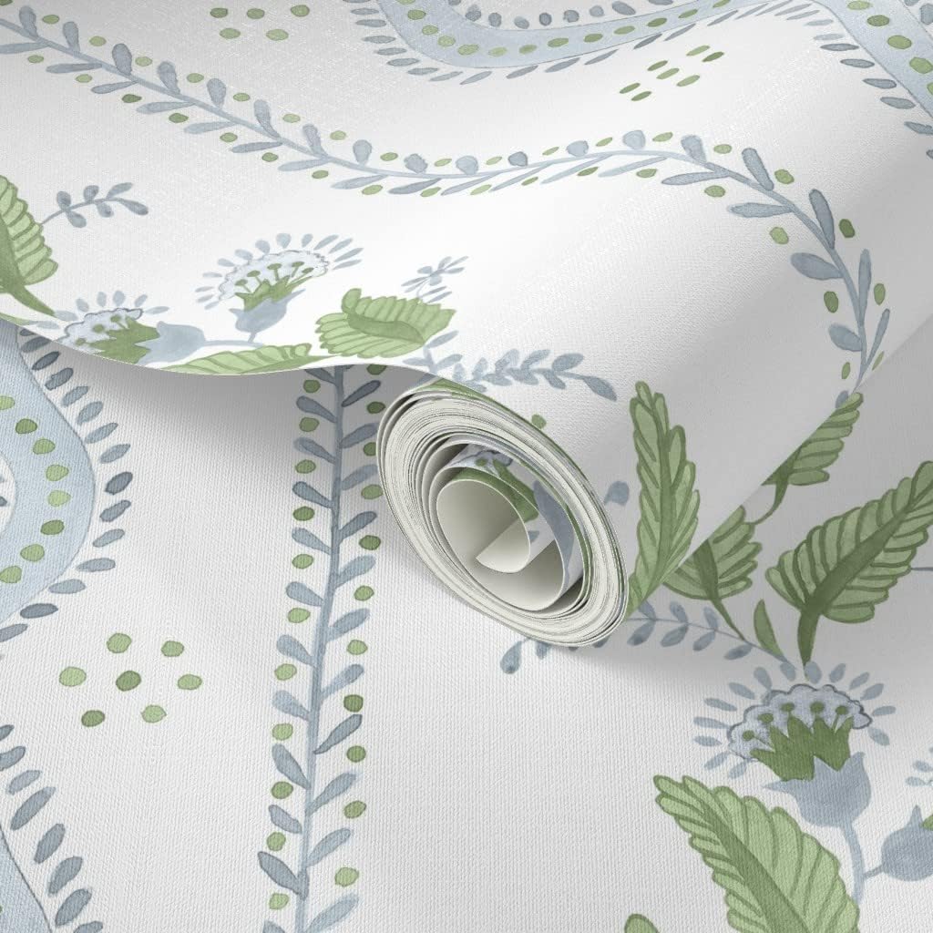 Spoonflower Peel & Stick Wallpaper 3ft x 2ft - Soft Blue Greens White Stripe Green Floral Dots Traditional Custom Removable Wallpaper