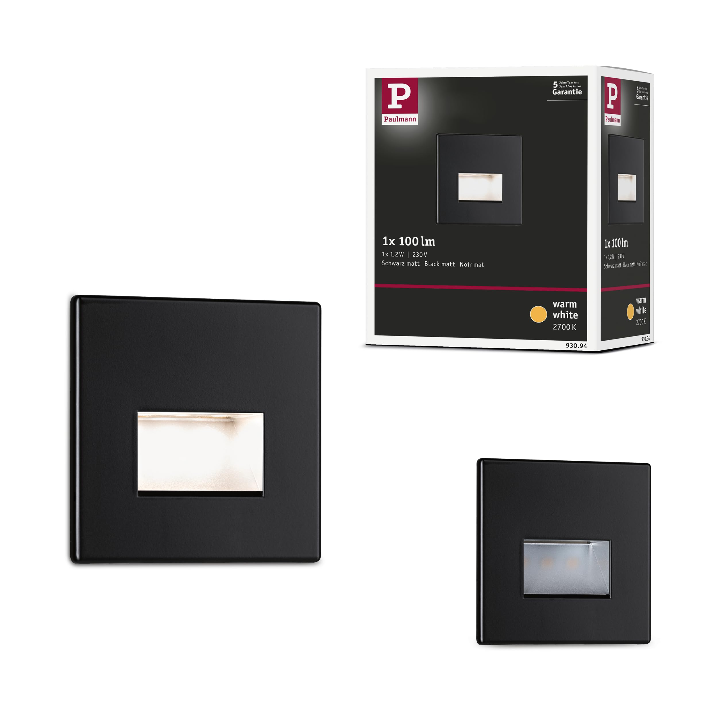 Paulmann 93094 LED recessed wall luminaire Edge Quadro Set 80x5mm 50lm 230V Rectangular incl. 1x1.2W Outdoor Black matt Plastic 2700K