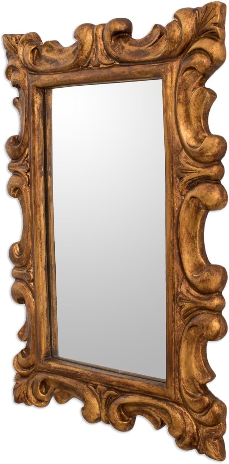 NOVICA Artisan Handmade Wood Wall Mirror Curl Motif Conacaste from Guatemala Gold Tone Brown Decor Mirrors [Frame 19.75in H x 14.25in W x 0.8in D Mirror 13.75in L x 8.25in W] ' Elegant Duchy'