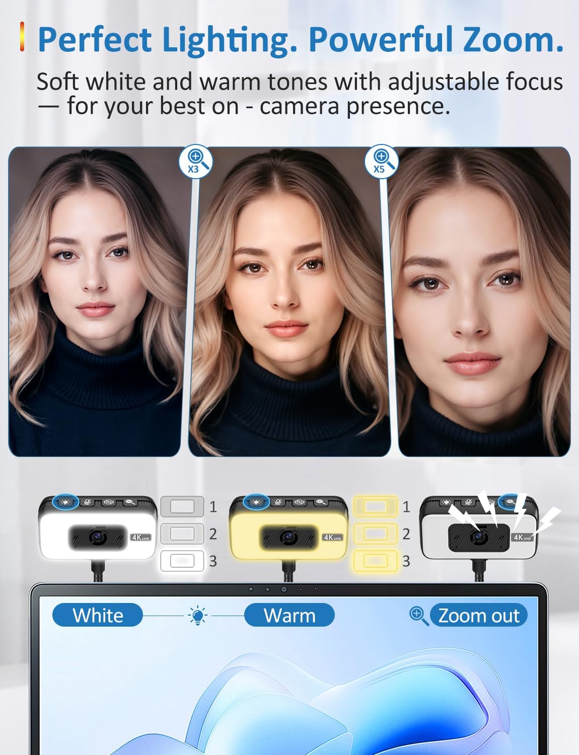 Webcam for PC, 4K Streaming Camera with Light, Web Camera for Desktop/Laptop Computer Webcam with Microphone, Plug and Play USB Web Cam with Bracket, for Live Streaming, Video Calls, and Meetings