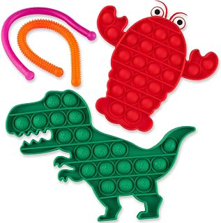 The Penguin Crafts Push Bubble Poppets Sensory Toy Set - Large Green Dinosaur and Red Lobster Push Poppets Bubble Fidget Toy & 2 Textured Stretchy Strings – 4-Pack Push Poppets Sensory Bubbles Toy Set