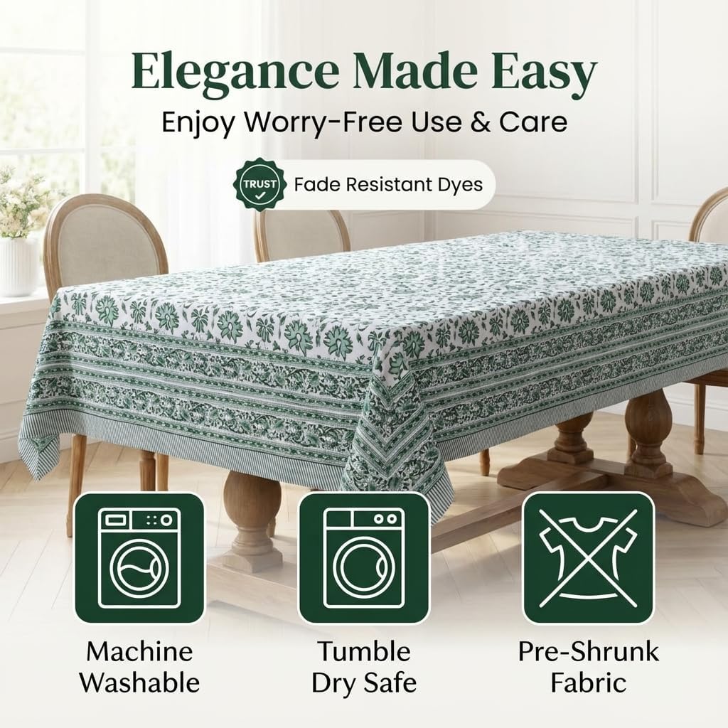 Handcrafted Hand Block Print Tablecloth 6 Seater Rectangle 60x90 Inch - Floral Canvas Cotton - Fall & Holiday Dinner Collection - Washable Reusable Sustainable Gift-Boxed - Green & White - Image 5