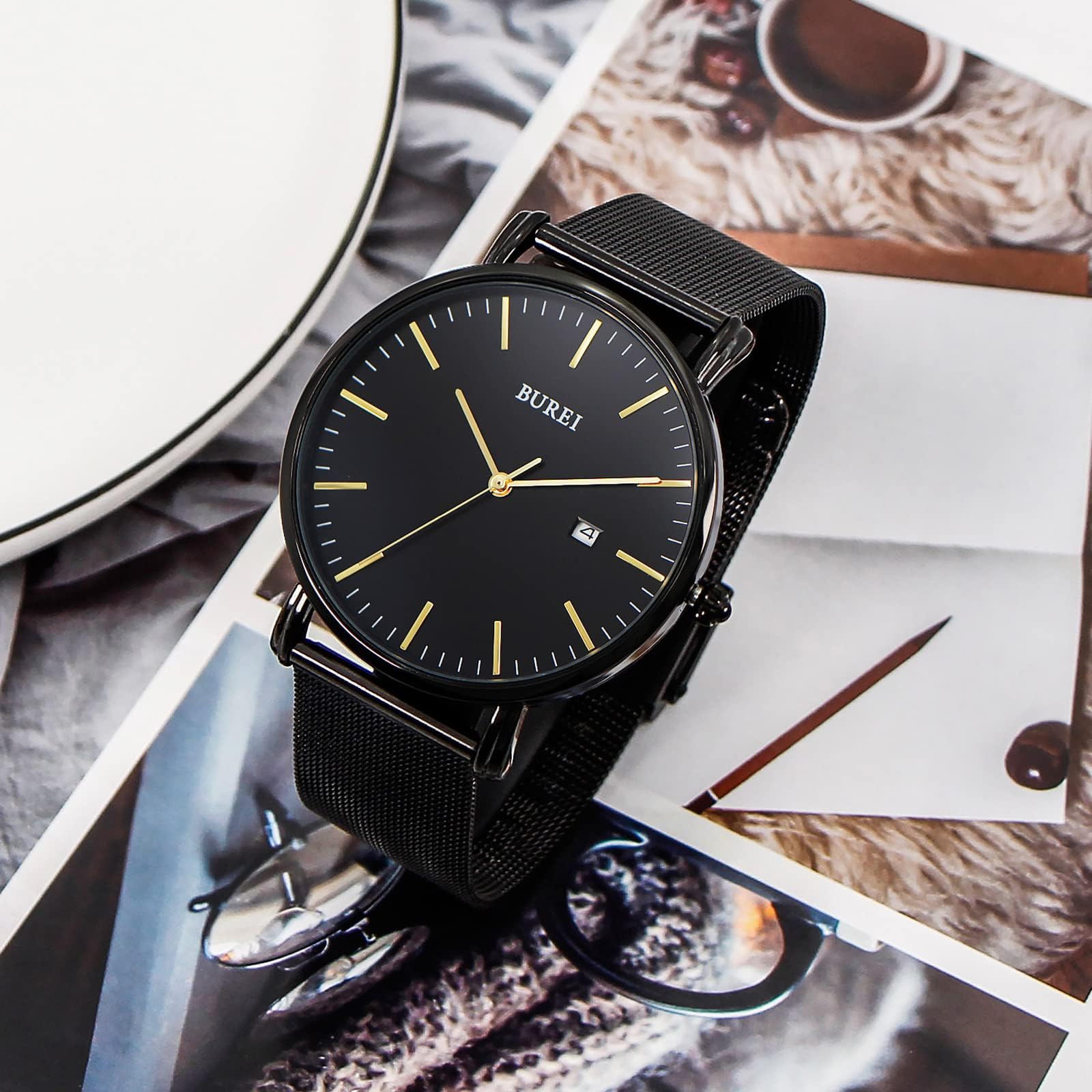 BUREI Men's Watches, Classic Analogue Dial with Date Japanese Quartz and Ultra-Thin Stainless Steel Mesh Band
