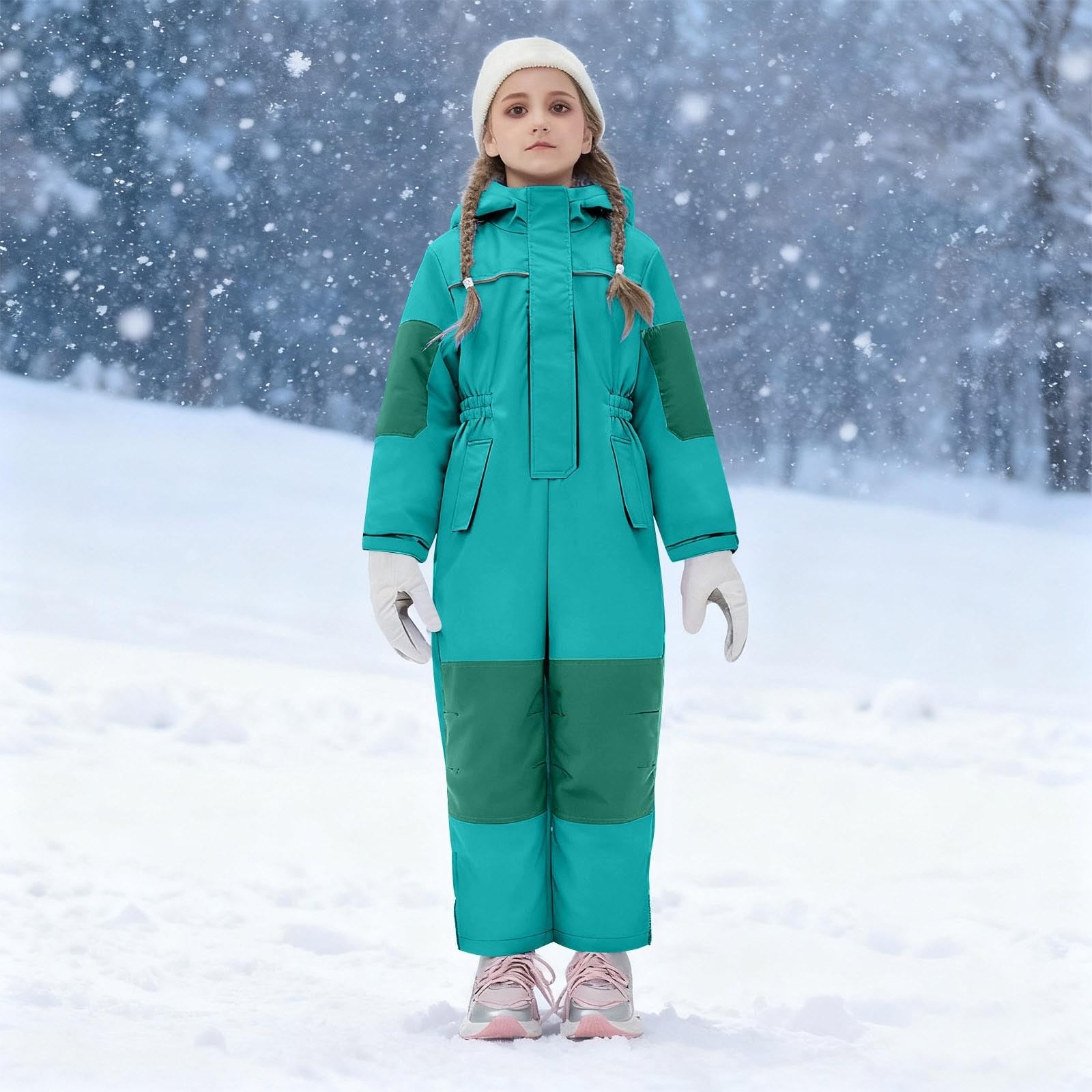 EMATOP Schneeanzug Kinder Unisex Skianzug Warm Einteilige Schneeoverall | Jungen Mädchen Softshellanzug, mit Kapuze Taschen, Skioverall, Winddicht Wasserdicht Funktionsanzug, Sport Klassisch Anzug
