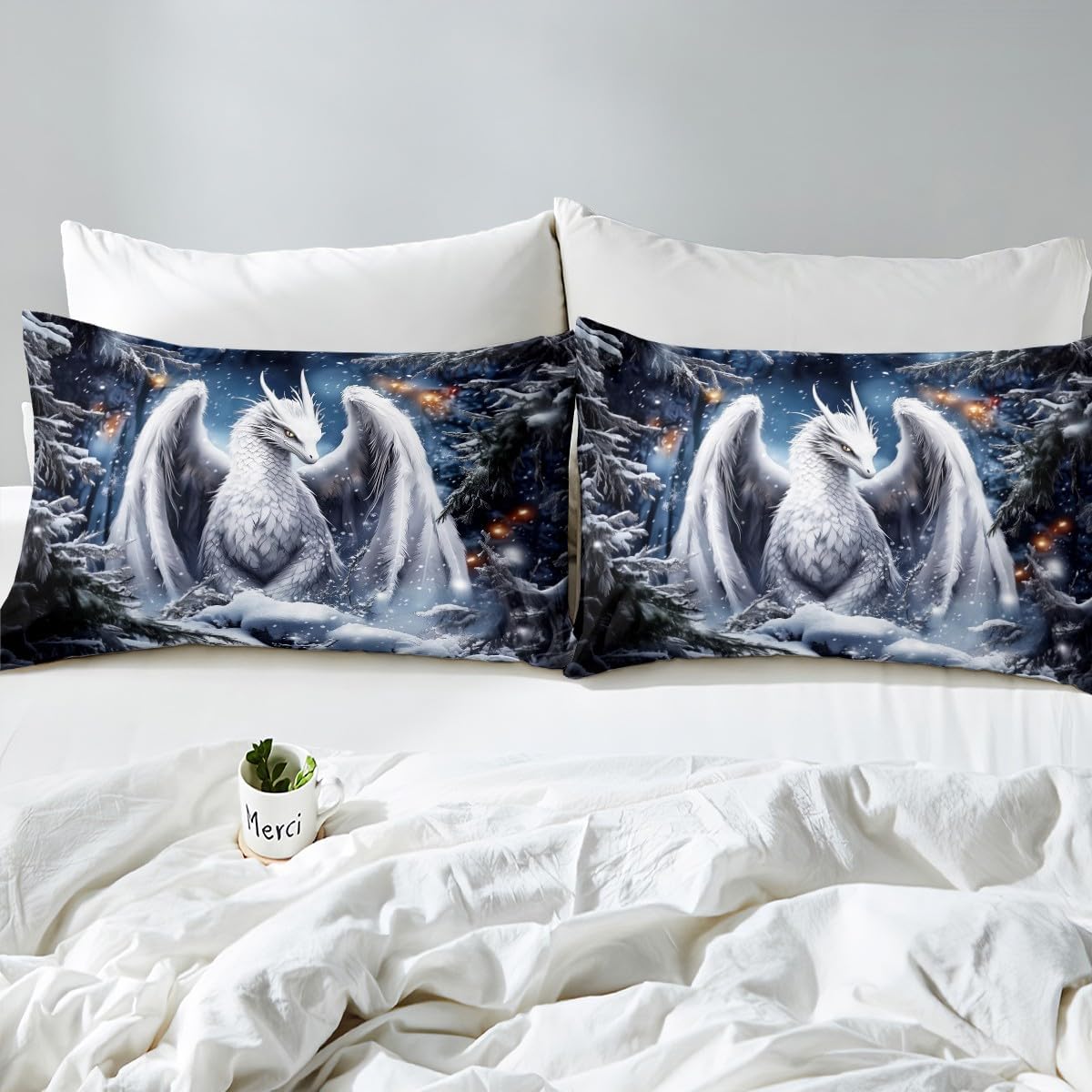 Erosebridal White Dragon King Bedding Set Western Magical Animal Duvet Cover Exotic Dragon Comforter Cover for Kids Boys Girls,Winter Snowflakes Jungle Pine Trees Quilt Cover