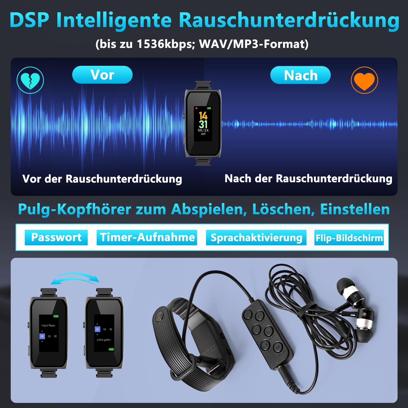 64GB Armband-Diktiergerät – Passwortschutz, EIN-Knopf-Aufnahme, 1536KB HD-Zeitgesteuerte Aufnahme, Sprachaktivierter Aufnahmegerät mit DSP-Rauschunterdrückung für Meetings Interviews Klassen