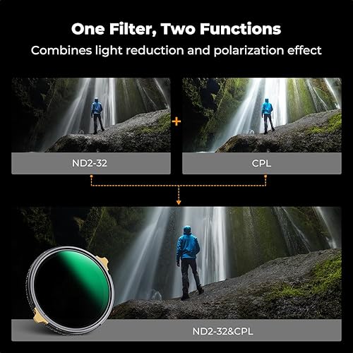 Miniatura 3 de K&F CONCEPT 82mm Filtro ND2-32 Variable de Densidad Neutra y Filtro Polarizador Circular 2-en-1 para Lente de Cámara, Impermeable, Resistente a