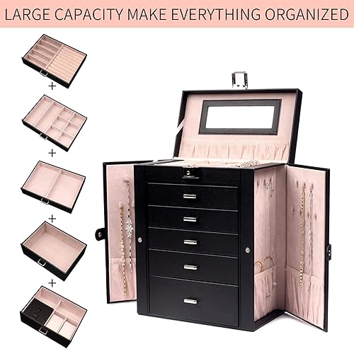 Vista 3 de FEIYAN Joyero organizador grande con estuche de viaje pequeño, caja negra de espejo de 6 capas con cajones para mujer