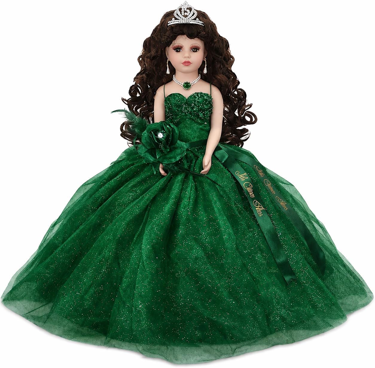 18” Quinceañera Last Doll with Umbrella Dress Stand – Última Muñeca Mis Quince Años Keepsake, Traditional Hispanic Mis 15 Doll, Ceremony & Table Centerpiece, Full Accessory KW18631-33 (Emerald Green)