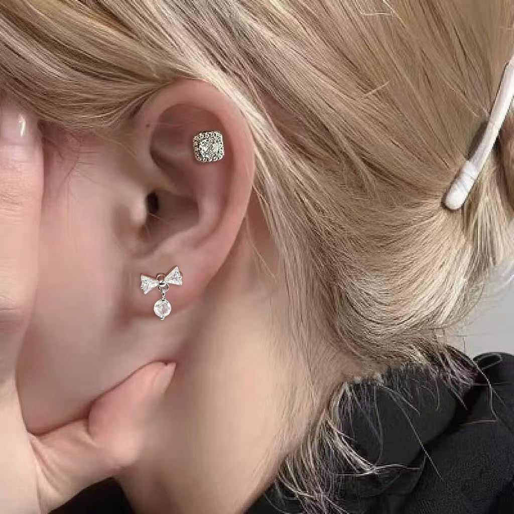 Bowknot Round CZ Dangle Stud Earrings for Women Small 16G Stainless Steel Conch Helix Rook Cartilage Studs Dainty Cartilage Piercing Jewelry - Image 2