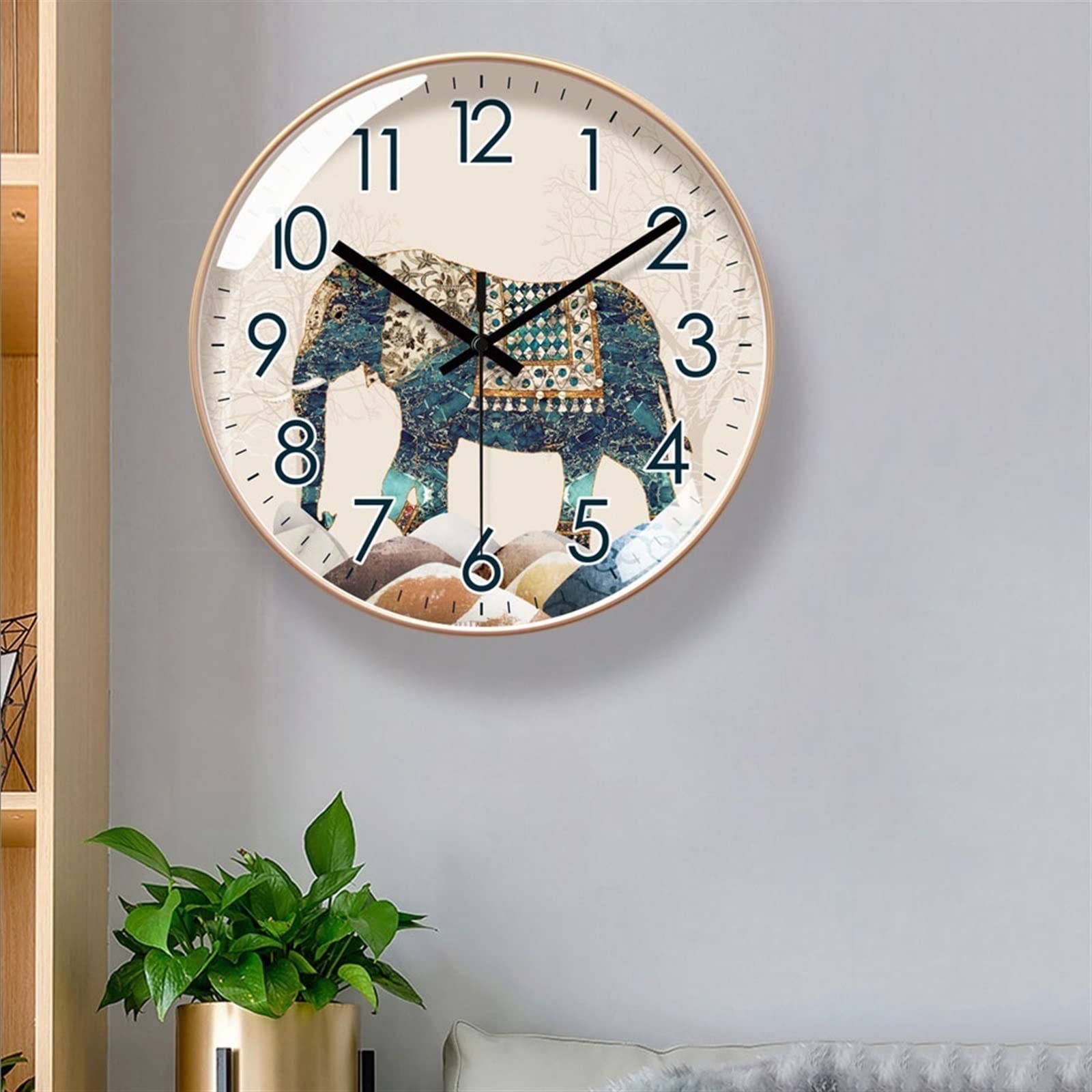 Horloge Murale silencieuse Horloge Murale Circulaire Simple à Motif d'éléphant créatif, Art déco, silencieuse, for Chambre à Coucher, 25cm/30cm/35cm décoration pour Salon,Bureau(12inch)