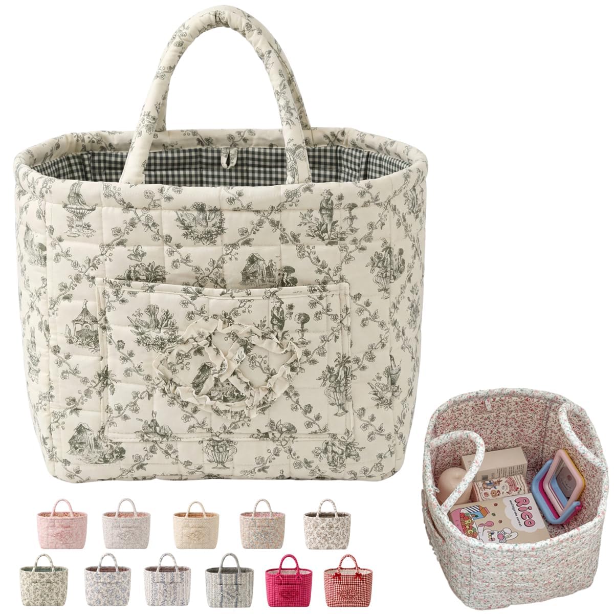 LKHYUKU Women's Large Capacity Quilted Car Storage Basket Tote Bag Foldable Washable Multifunctional Diaper Organizer for Moms Daily Use，vine green