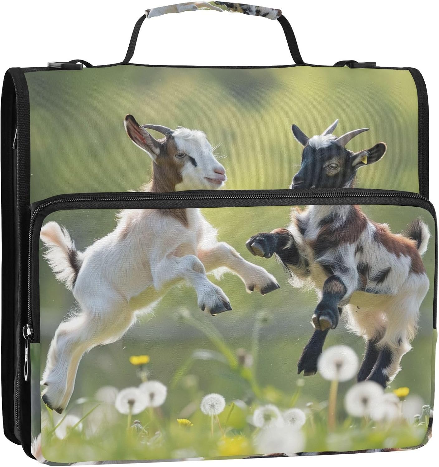 Playful Goats Pattern 3-Ring Zipper Binder 1.5-Inch Rings | 500 Sheets Capacity Organizer for School & Office | Binder Bag with Multiple Pockets for Supplies