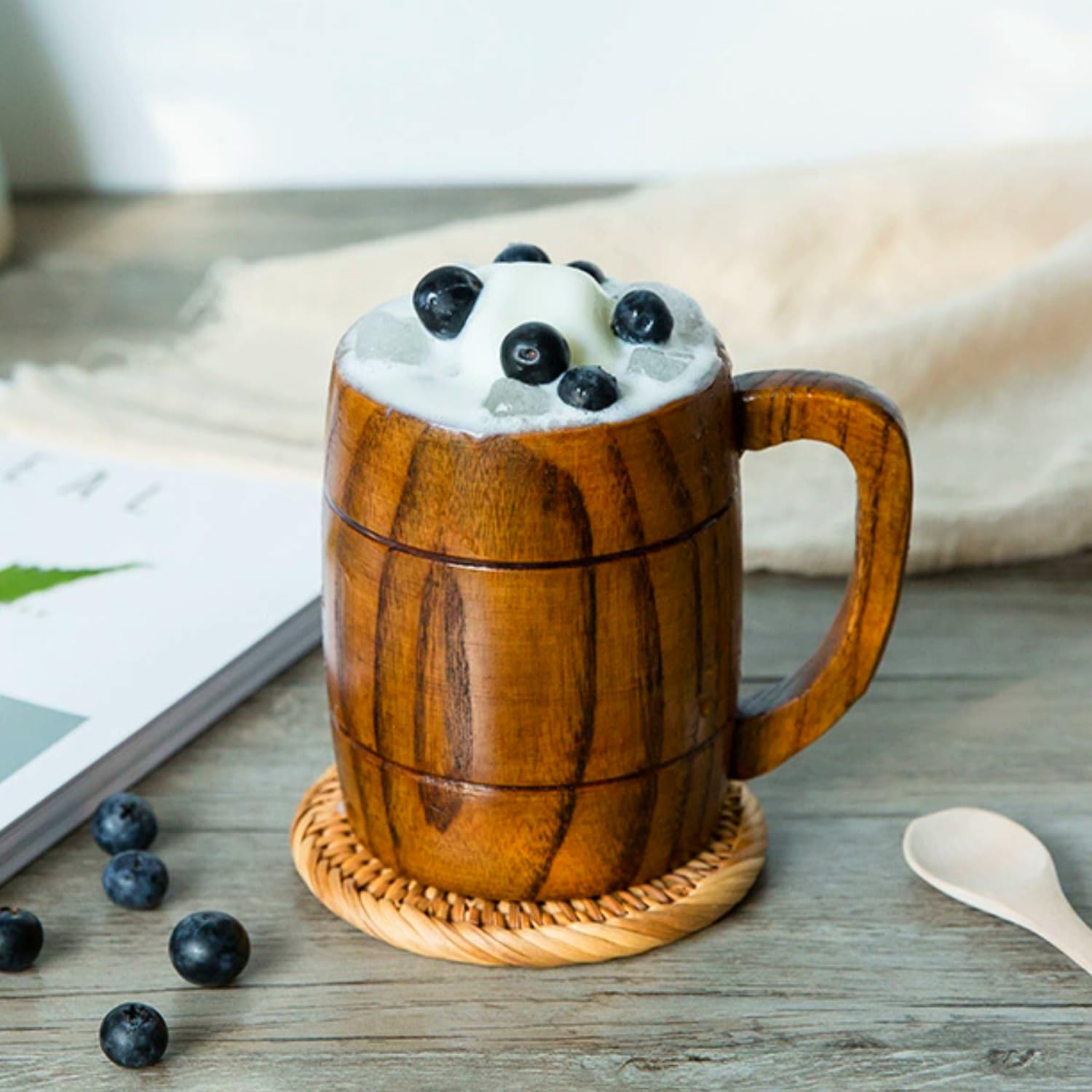 One Mug) - Handmade Beer Mug Oak Wood Stainless Steel Cup Natural Eco